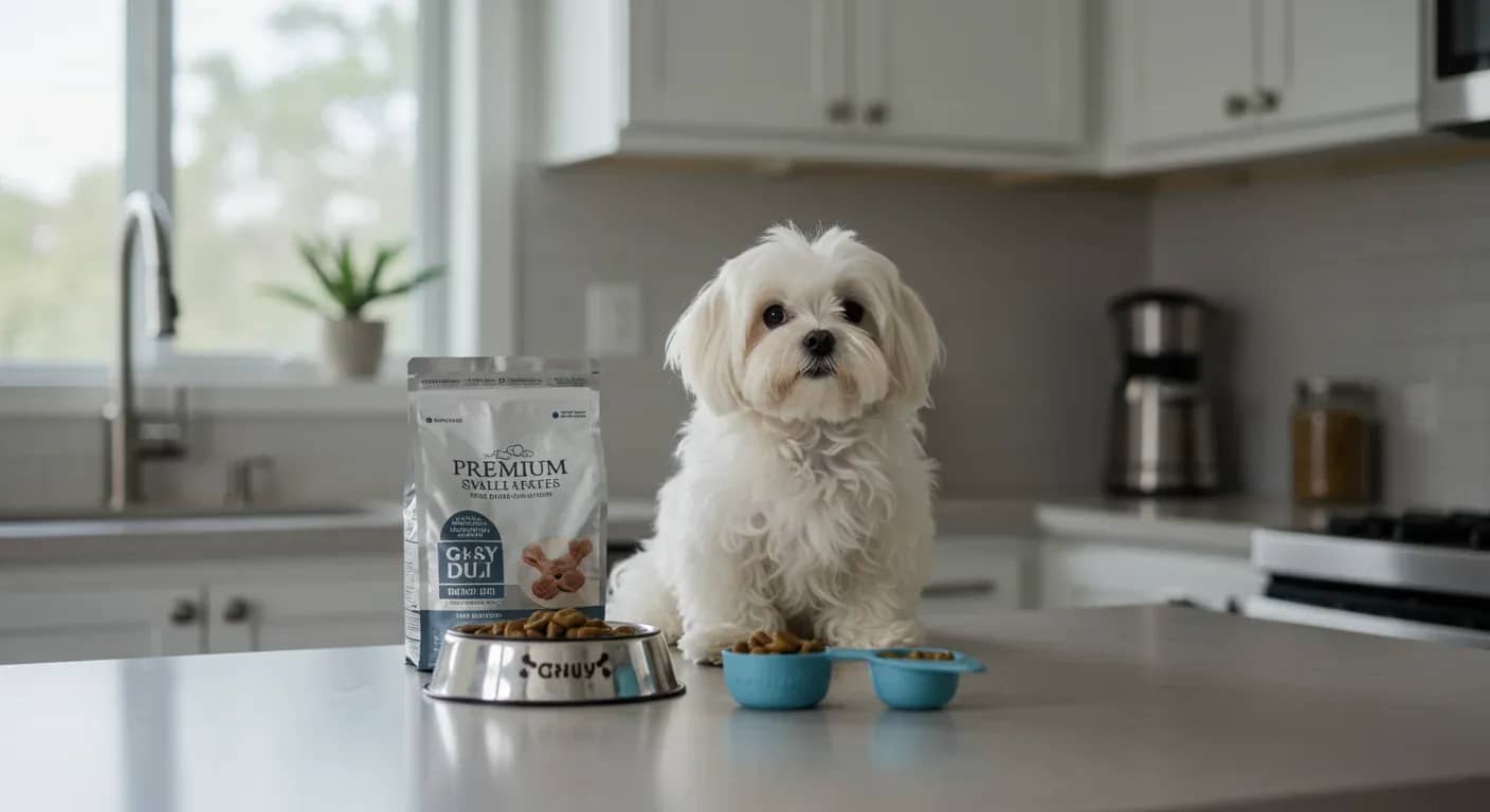 White Maltese dog sitting at kitchen counter with small-breed dog food, illustrating proper nutrition and feeding for toy breed dogs