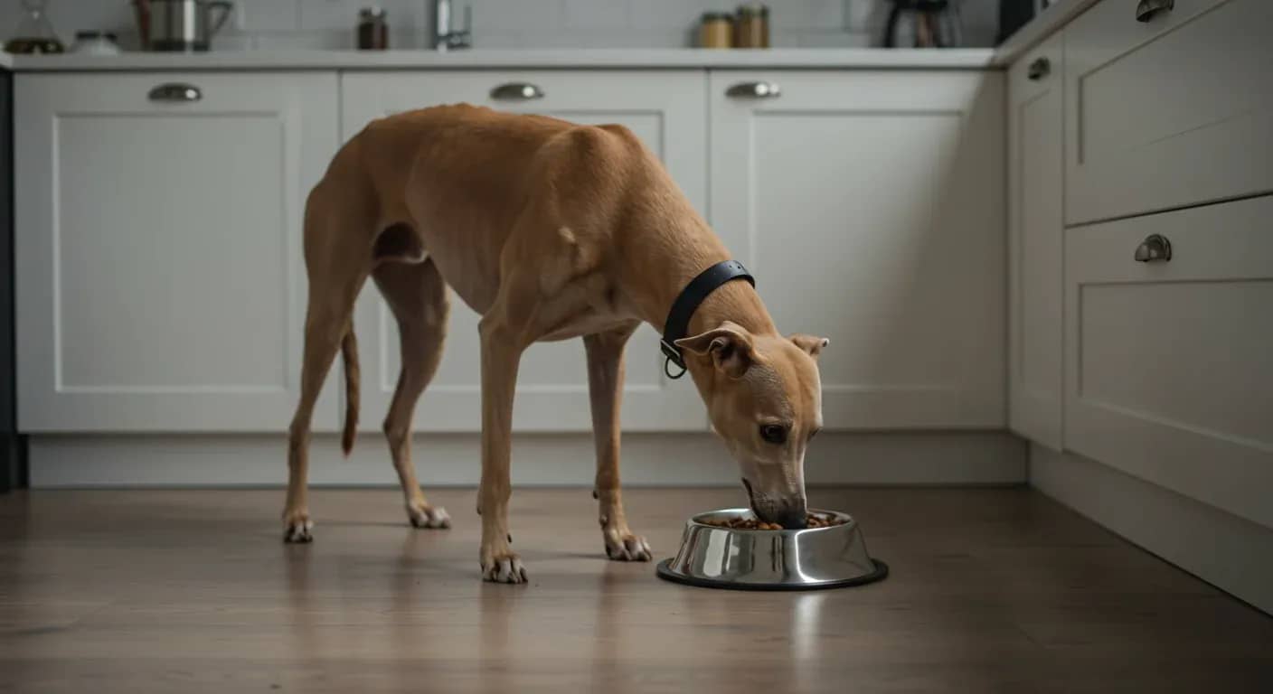 A Greyhound eating from a food bowl in a modern kitchen, demonstrating proper feeding practices for this lean, elegant breed