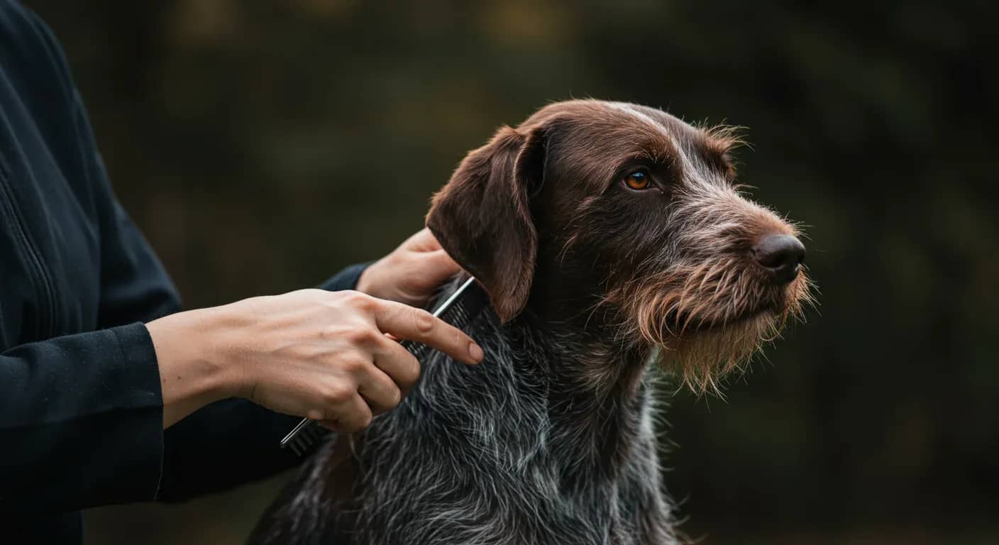 Professional portrait of a Wirehaired Pointing Griffon being groomed, showcasing the breed's distinctive wiry coat texture that the article discusses maintaining through proper grooming techniques