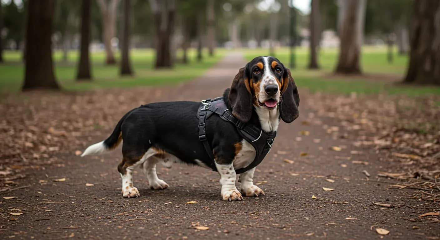 A Basset Hound wearing a properly fitted harness standing centered on a park path, demonstrating the importance of proper harness selection for this breed's unique body shape