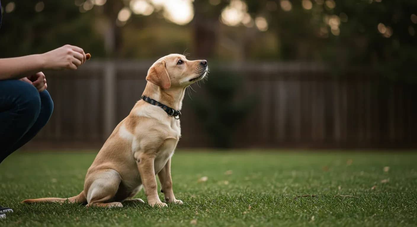 Yellow Labrador puppy sitting attentively during training with trainer offering treat, demonstrating positive reinforcement techniques
