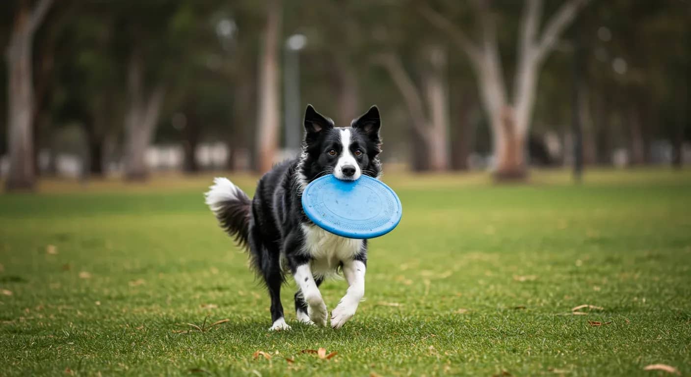Energetic Border Collie running with frisbee in mouth through Australian park, demonstrating the breed's high exercise needs and athletic nature