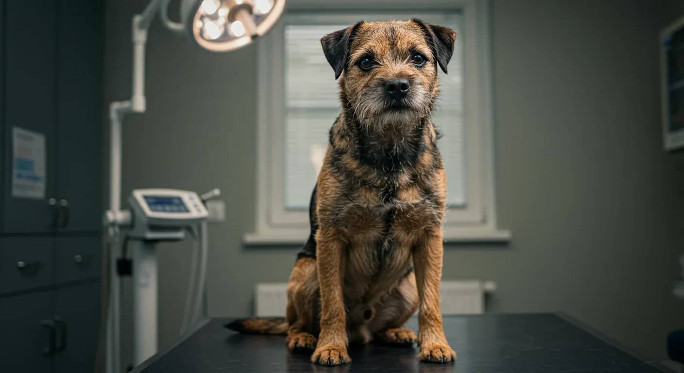 Border Terrier sitting centered on veterinary examination table, representing the importance of health monitoring and veterinary care for the breed