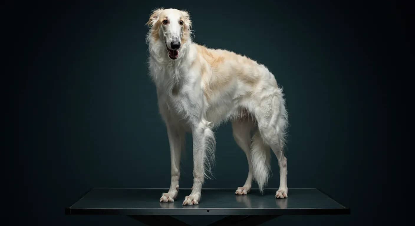 Elegant white Borzoi dog centered in a veterinary setting, representing the breed's beauty and the importance of health monitoring for these graceful sighthounds