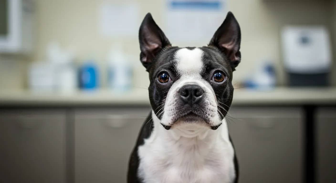 A Boston Terrier with black and white markings sitting in a veterinary clinic, showcasing the breed's distinctive flat face and prominent eyes that make them prone to specific health issues