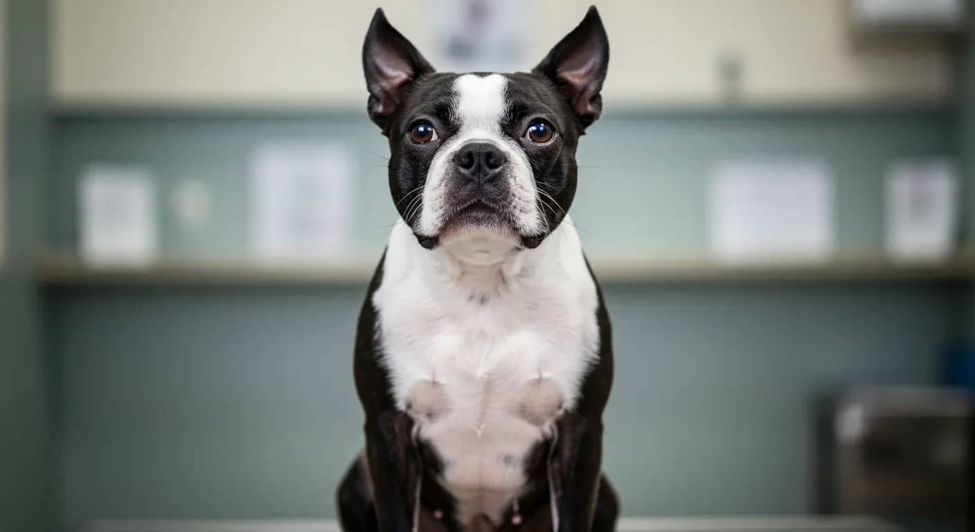 A Boston Terrier with black and white markings sitting in a veterinary clinic setting, representing the importance of proactive health management for this breed