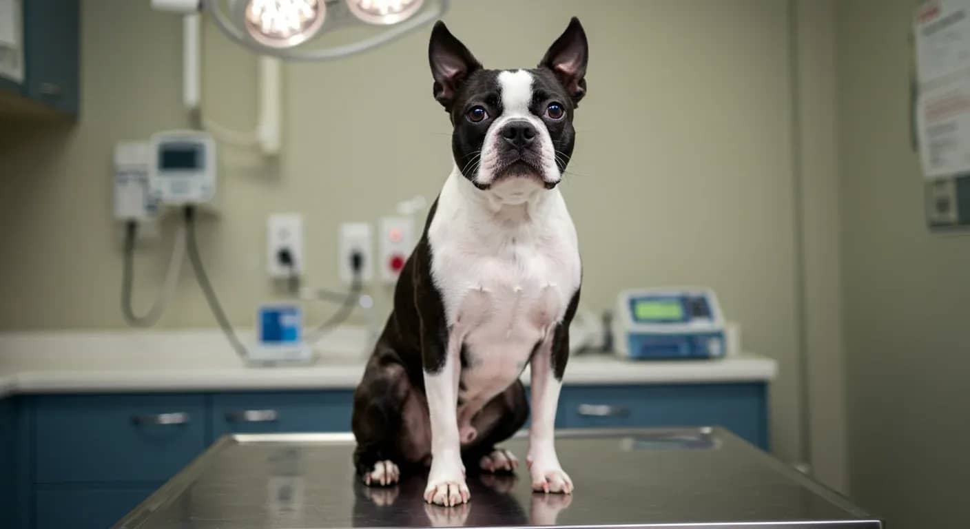 A healthy Boston Terrier sitting on a veterinary examination table in a bright clinic, representing the importance of professional healthcare for breed longevity and health monitoring.