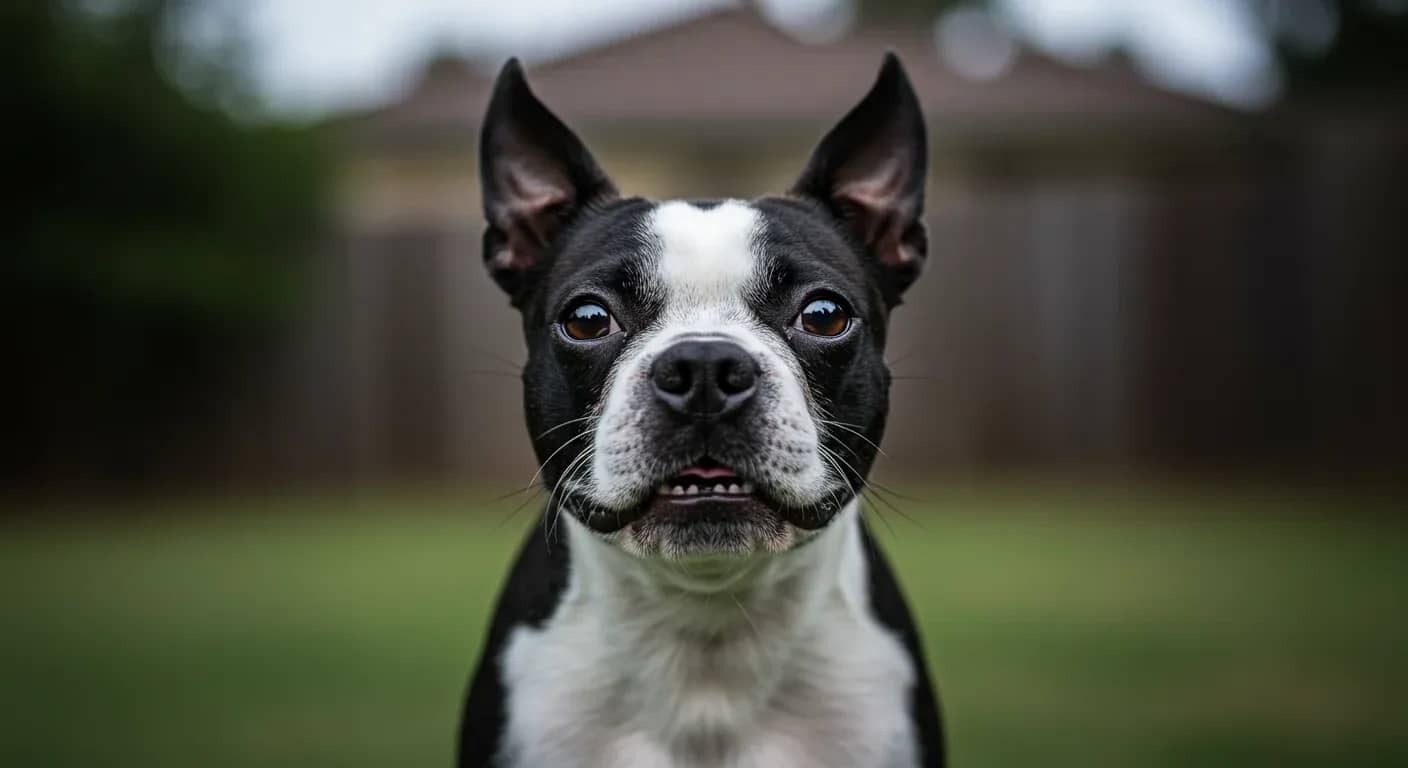 Boston Terrier with distinctive black and white coat pattern in mid-bark, demonstrating the vocal behavior discussed in the article about managing excessive barking