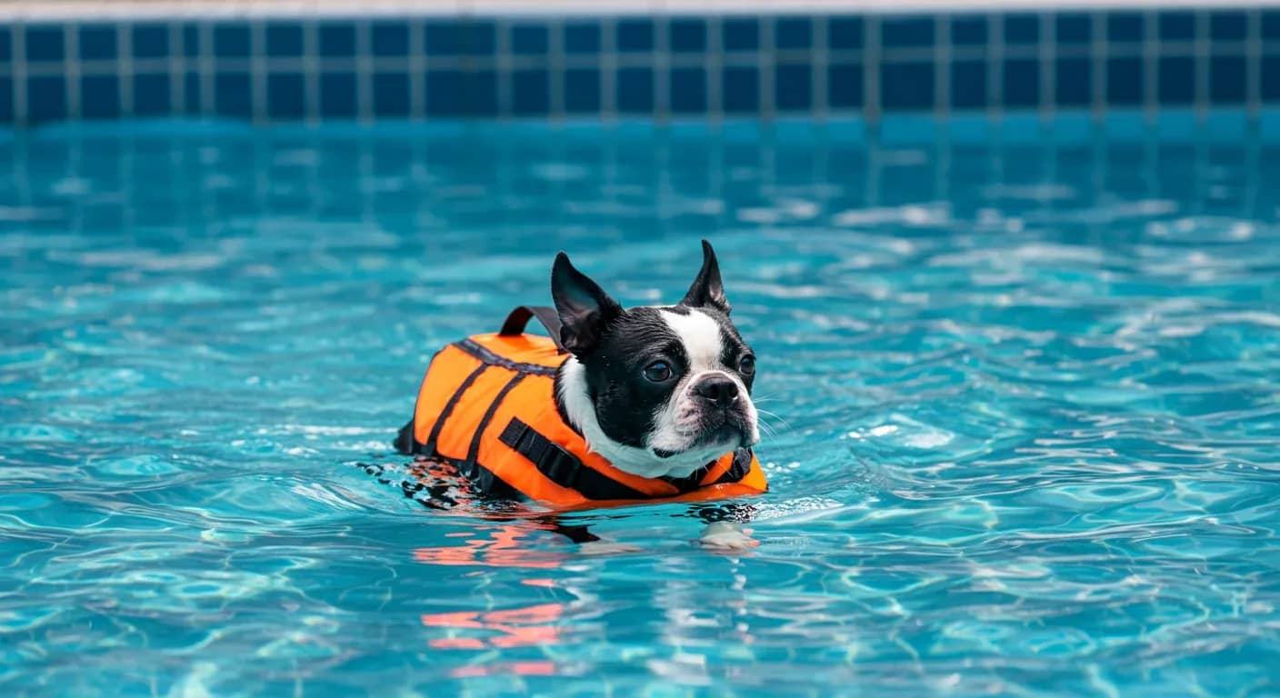 Boston Terrier wearing an orange life jacket swimming in a pool, demonstrating safe swimming practices for the breed