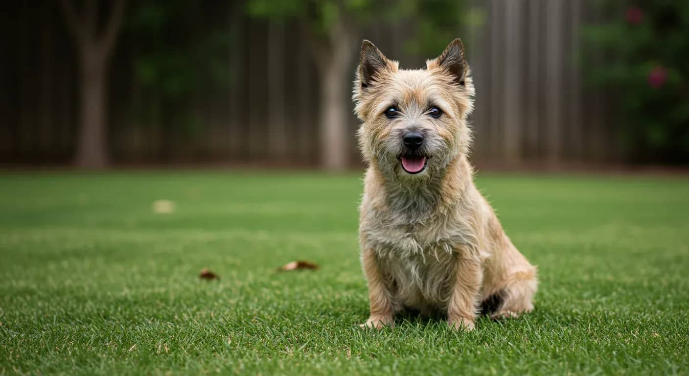 Healthy adult Cairn Terrier sitting in an Australian backyard, representing the breed's typical 12-15 year lifespan discussed in the article