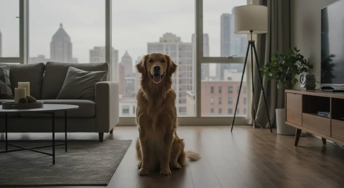 Golden Retriever sitting peacefully in a modern apartment living room with city views, illustrating how these dogs can adapt to apartment living