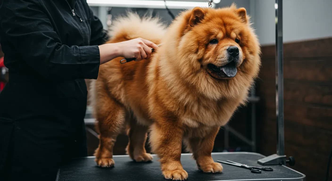 A fluffy Chow Chow being groomed with a brush, showcasing the breed's thick double coat that requires regular maintenance and care