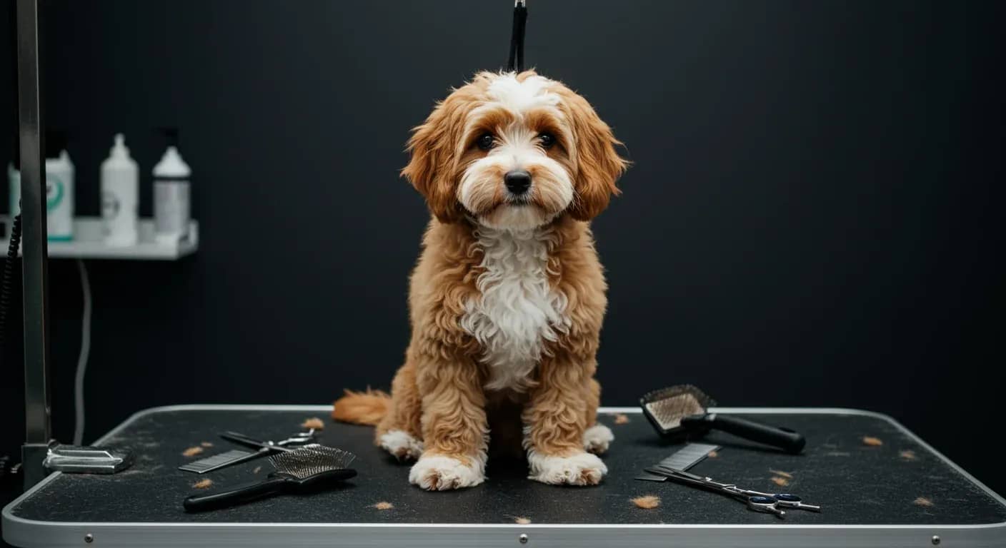 A well-groomed Cavoodle sitting on a grooming table surrounded by professional grooming tools, illustrating the importance of regular grooming for this breed's curly coat
