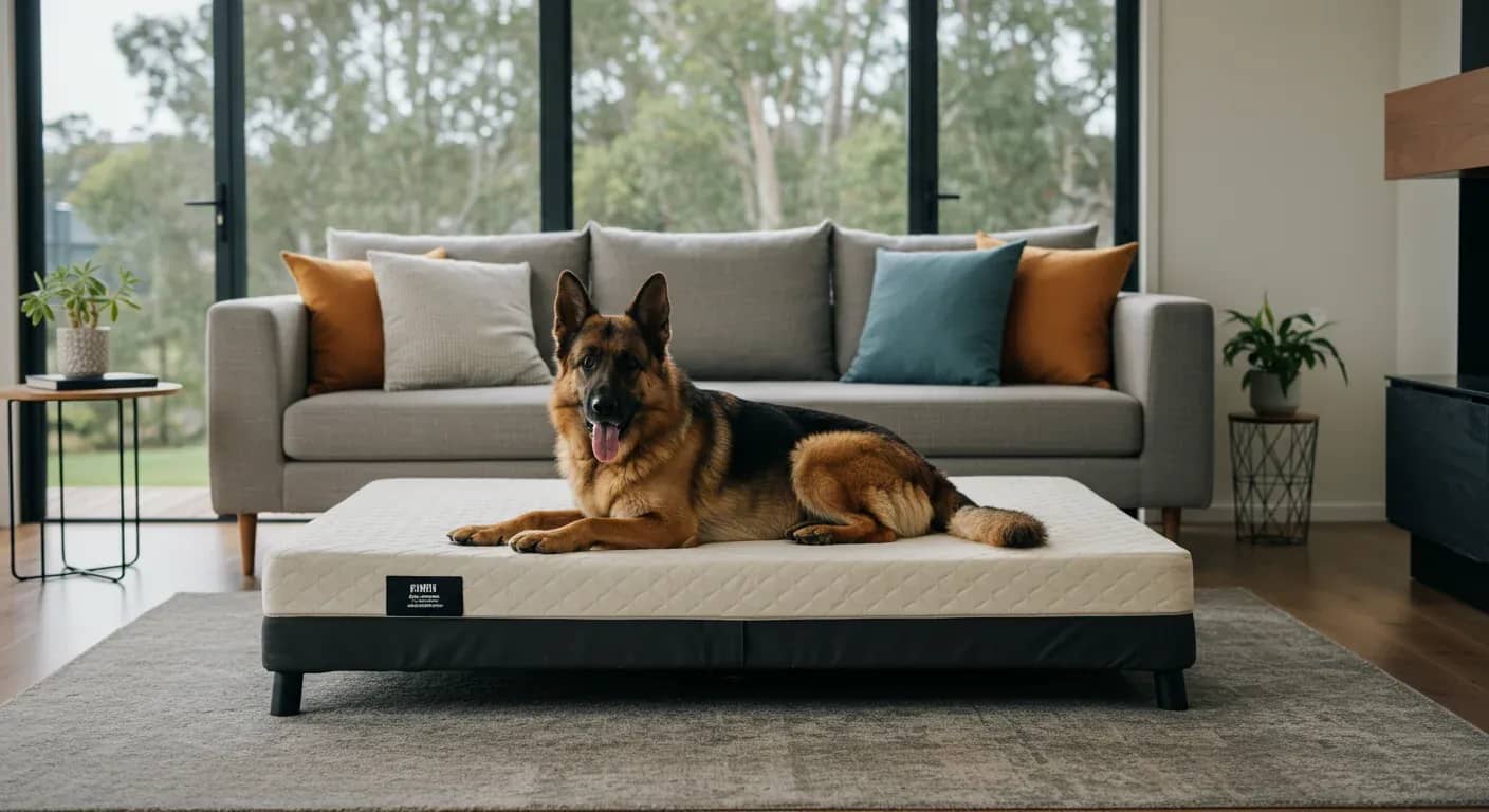 German Shepherd resting peacefully on an orthopedic dog bed, demonstrating proper bedding support for large breed joint health
