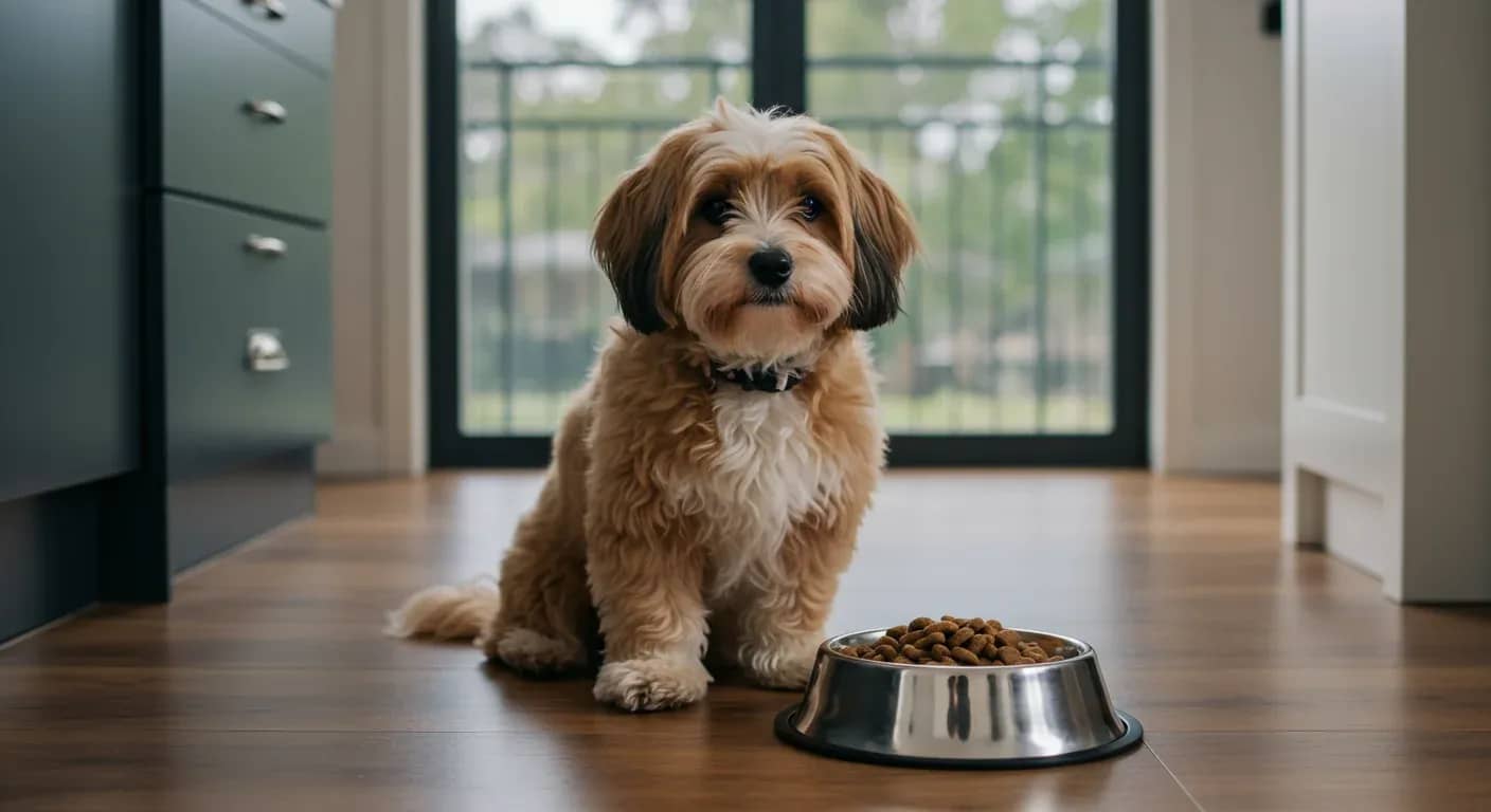 A Havanese dog with long silky coat sitting next to a food bowl in a modern kitchen, illustrating proper nutrition for this small breed
