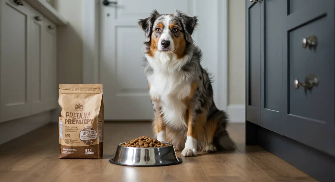 Australian Shepherd dog sitting next to a food bowl filled with kibble, representing proper nutrition for the breed