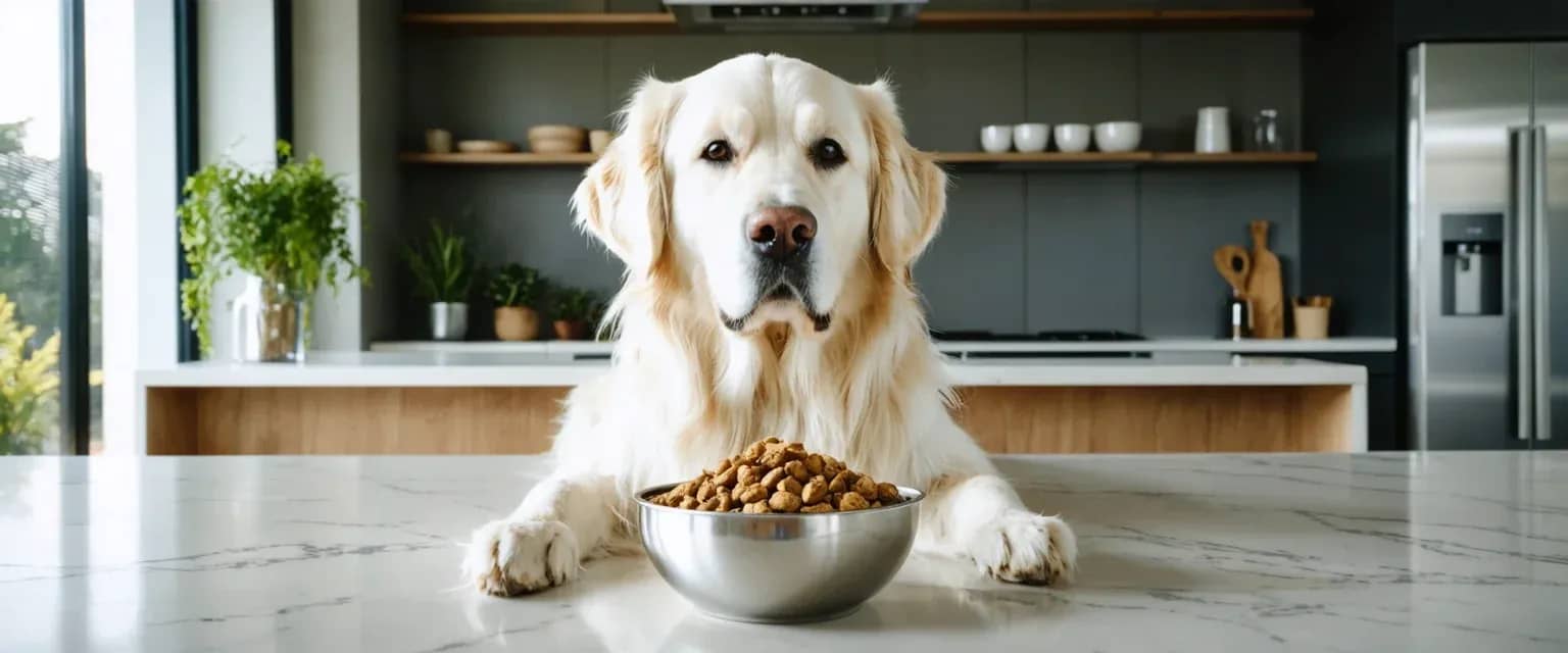 Golden Retriever sitting centered with a bowl of dog food, representing the importance of choosing quality nutrition for this breed's health needs