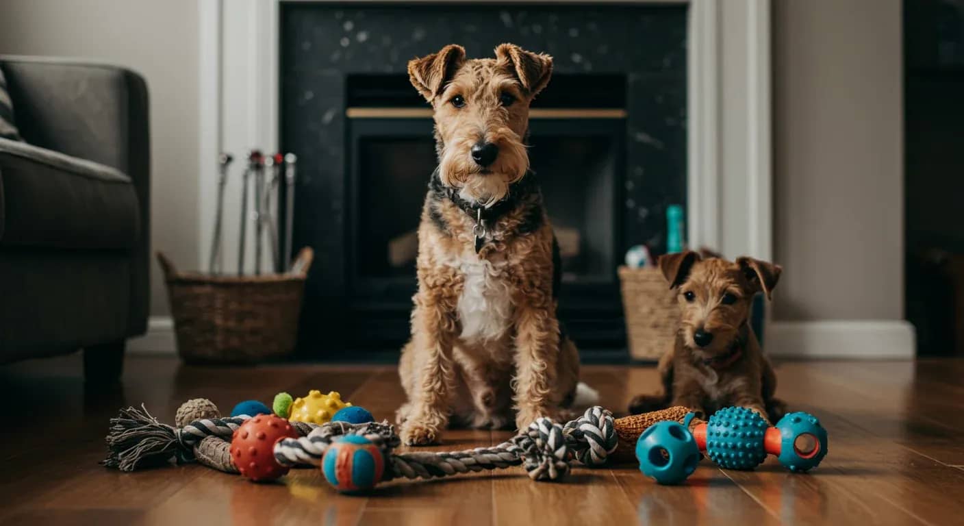 Wire Fox Terrier sitting centered among various durable dog toys including rubber and rope toys, demonstrating the article's focus on choosing appropriate toys for this energetic breed