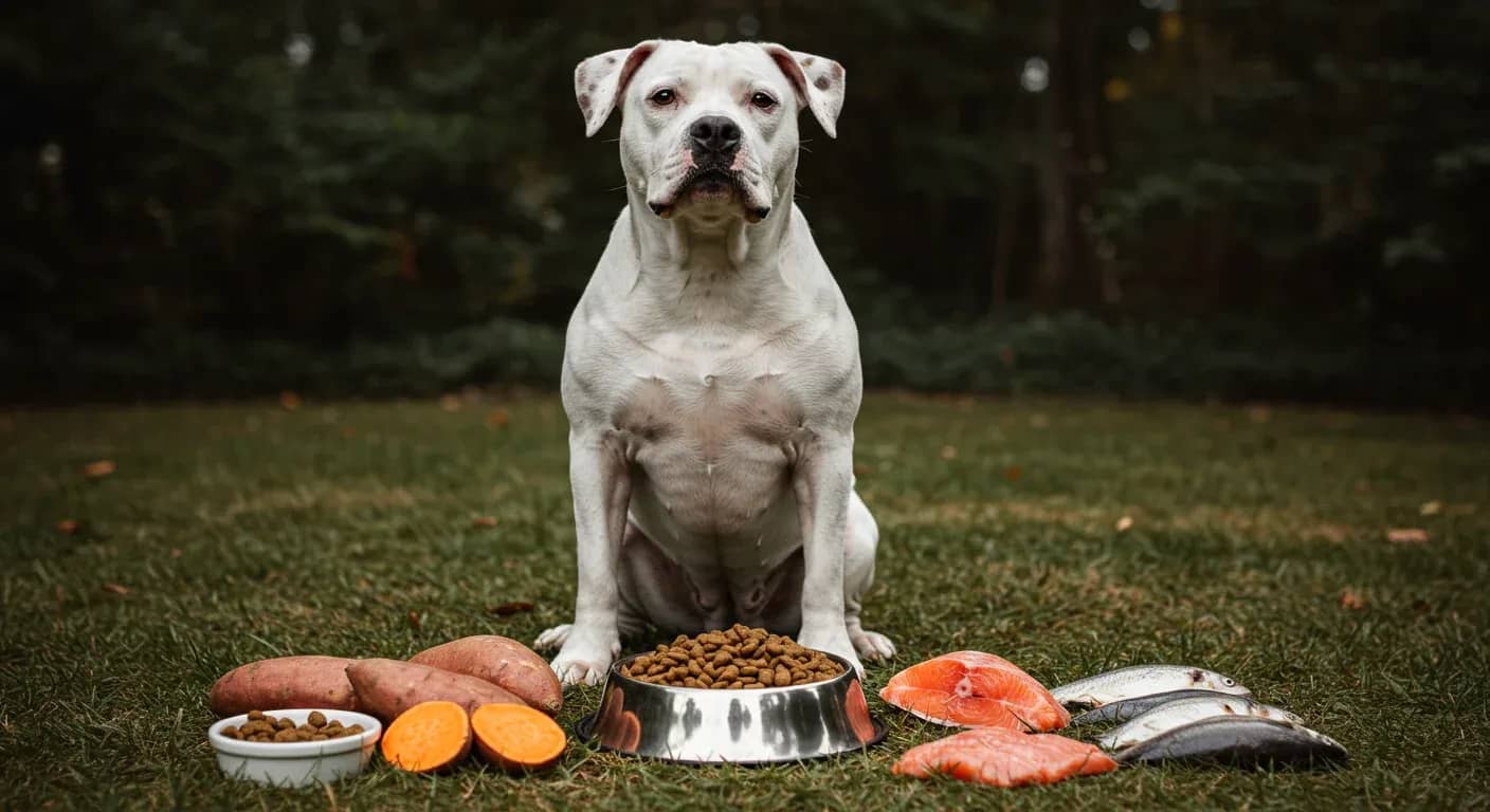 American Bulldog sitting centered with nutritious dog food and ingredients around it, illustrating proper nutrition choices for the breed