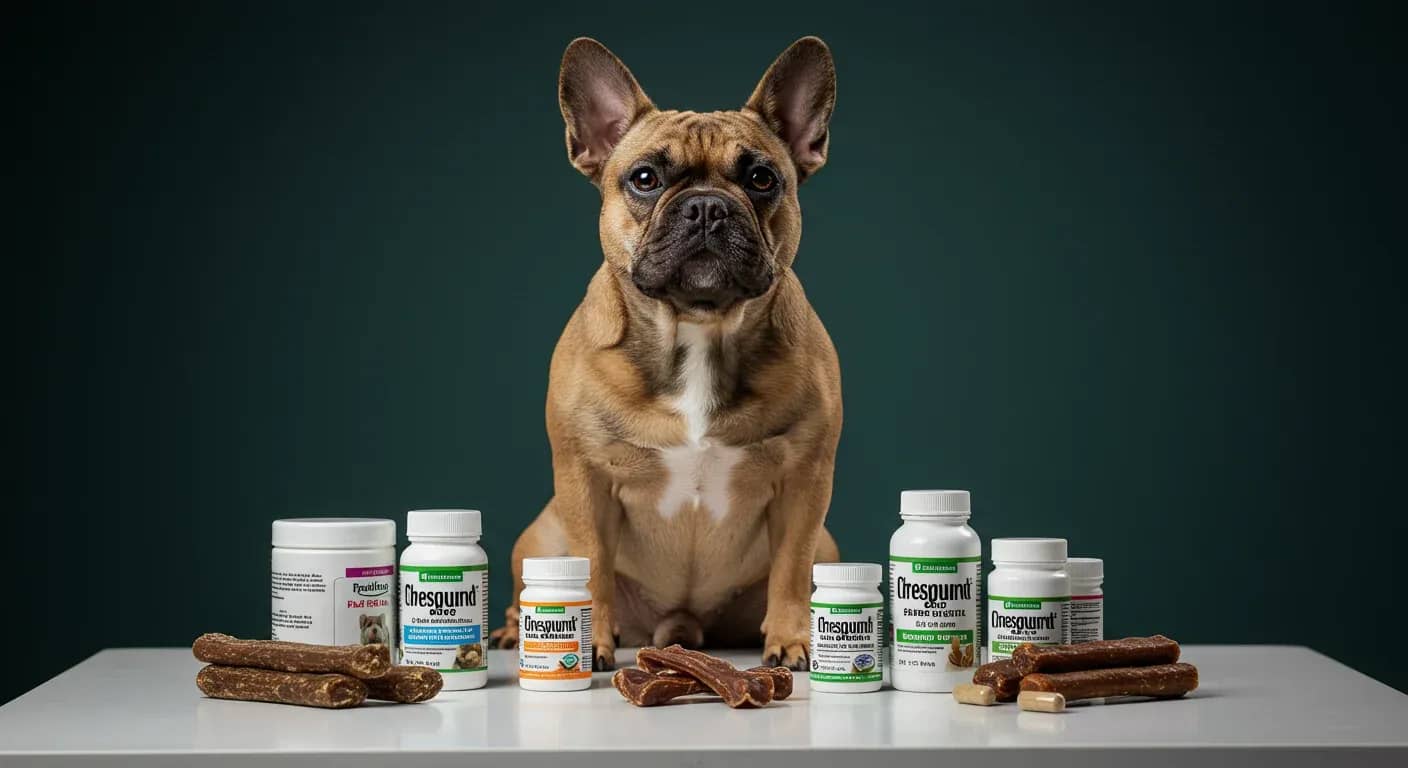 A French Bulldog sitting centered among various dog supplements, representing the importance of choosing the right supplements for this breed's specific health needs