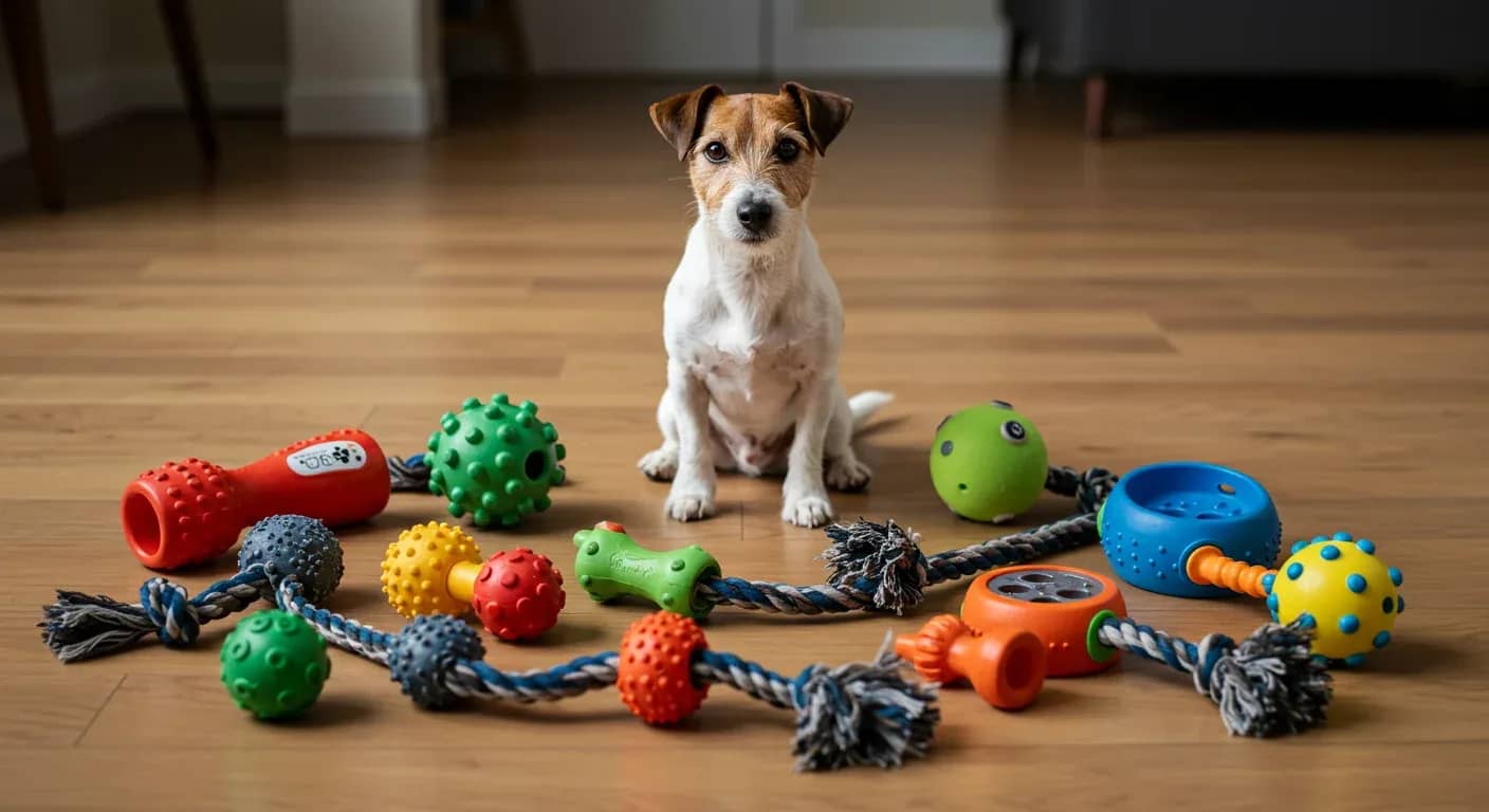 Jack Russell Terrier sitting centered among various durable dog toys including rubber Kong toys and puzzle feeders, demonstrating the importance of choosing appropriate toys for this energetic breed