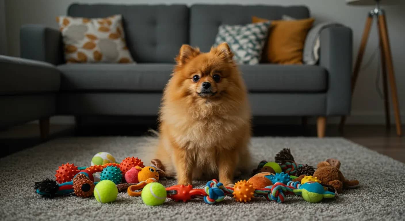 Fluffy orange Pomeranian sitting among various small dog toys on a living room floor, demonstrating the importance of choosing appropriately-sized toys for small breed dogs
