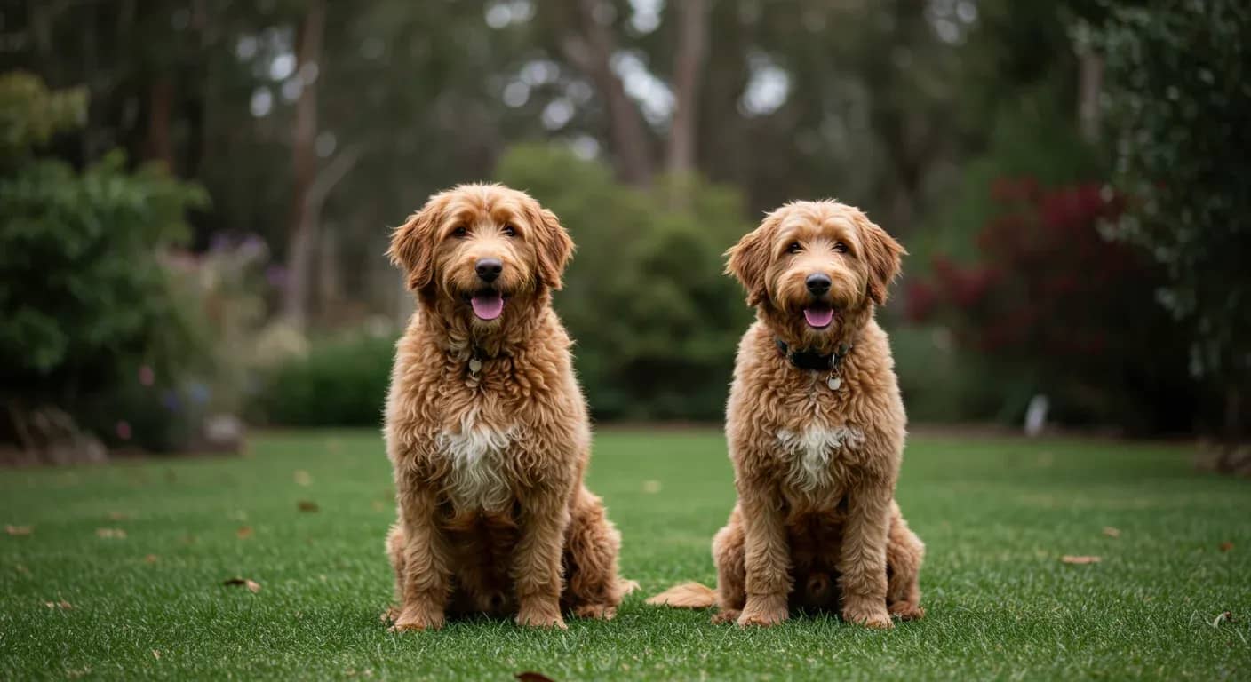 A Cobberdog and Labradoodle sitting side by side in an Australian garden setting, demonstrating the visual similarities and differences between these two popular crossbreeds