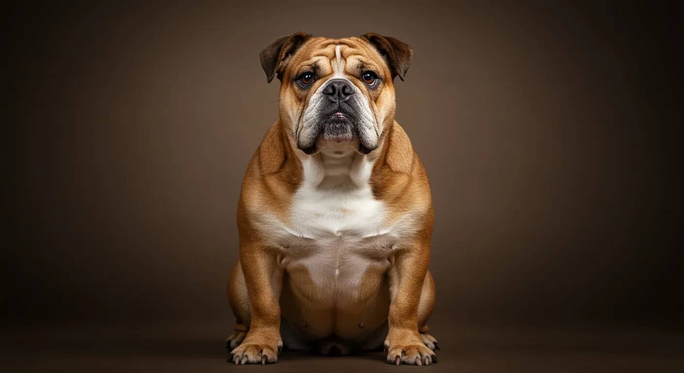 Professional portrait of a healthy English Bulldog sitting centered in frame, showing the breed's distinctive flat face and wrinkled features that are central to their common health concerns