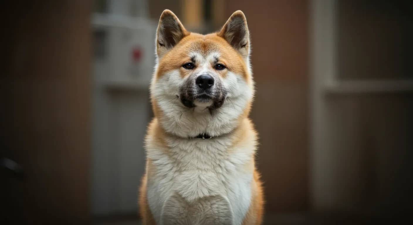 A majestic red and white Akita dog sitting centered in frame at a veterinary clinic, representing the importance of proactive health monitoring for this breed prone to specific genetic conditions