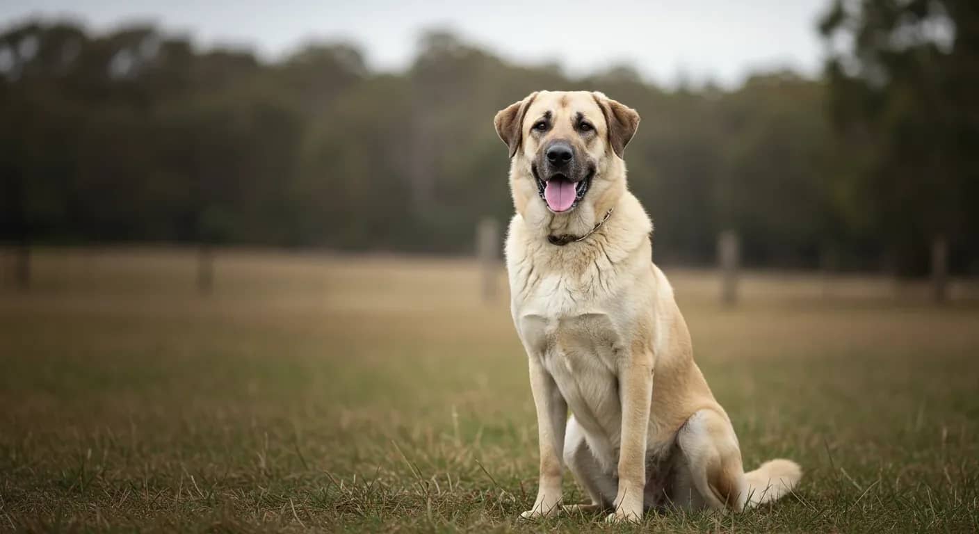 A healthy Anatolian Shepherd dog sitting alertly in an Australian rural setting, representing the breed's natural strength and the importance of maintaining their health through proper care