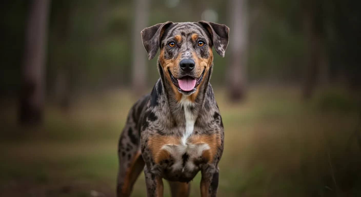 Portrait of a Catahoula Leopard Dog with merle coat and different colored eyes representing the breed discussed in the health guide