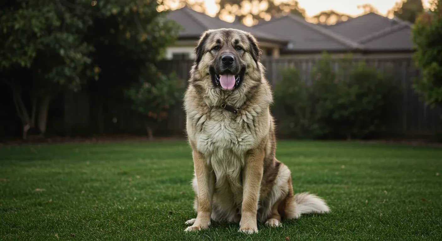 A large Caucasian Shepherd Dog sitting centered in frame in an Australian backyard, demonstrating the impressive size and gentle nature of this giant breed discussed in the health article