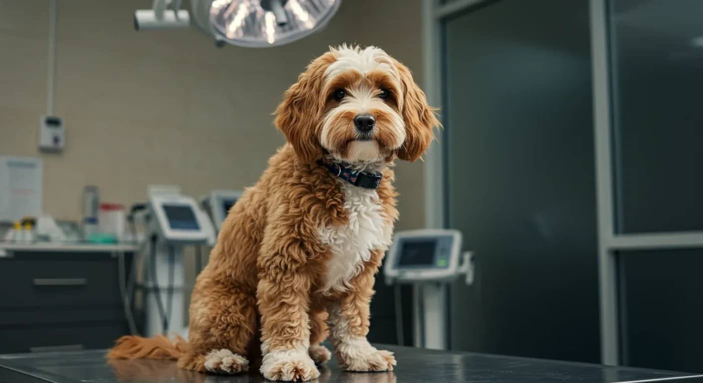 A healthy Cavoodle sitting in a veterinary clinic examination room, representing the importance of regular health monitoring and preventive care for this crossbreed