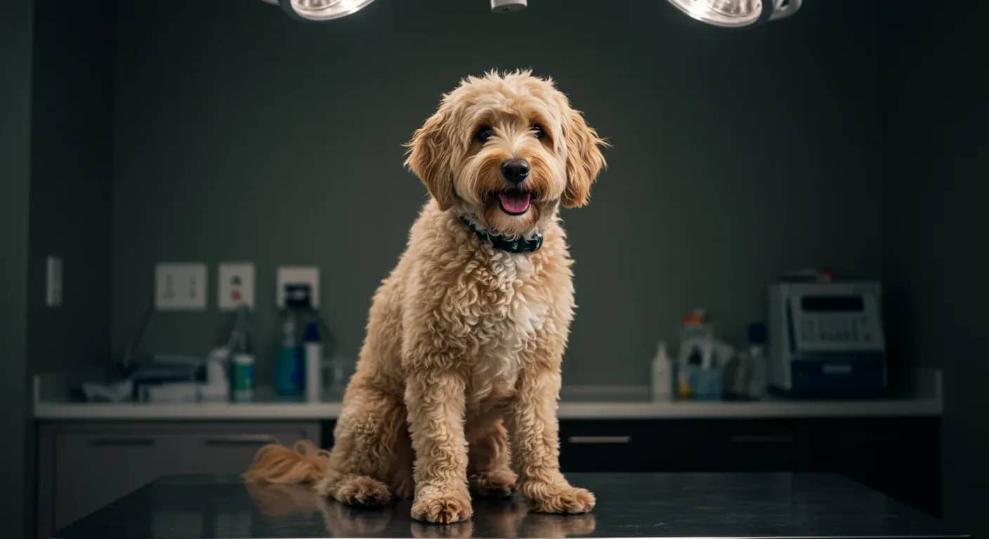 A cream-colored Moodle dog sitting calmly on an examination table during a veterinary health check, representing proactive healthcare and breed-specific health monitoring