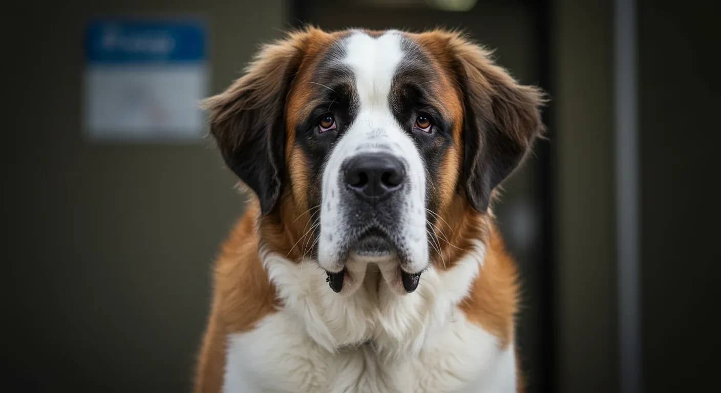 Close-up portrait of a Saint Bernard dog with distinctive white and brown markings, positioned centrally with a soft-focus veterinary clinic background, representing the article's focus on Saint Bernard health issues and preventive care