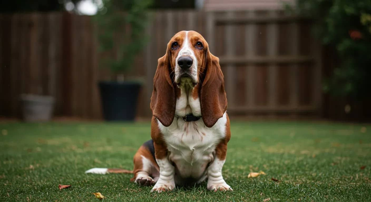 A healthy Basset Hound sitting centered in an Australian backyard, displaying the breed's characteristic long ears and sturdy build that are discussed in relation to their health challenges