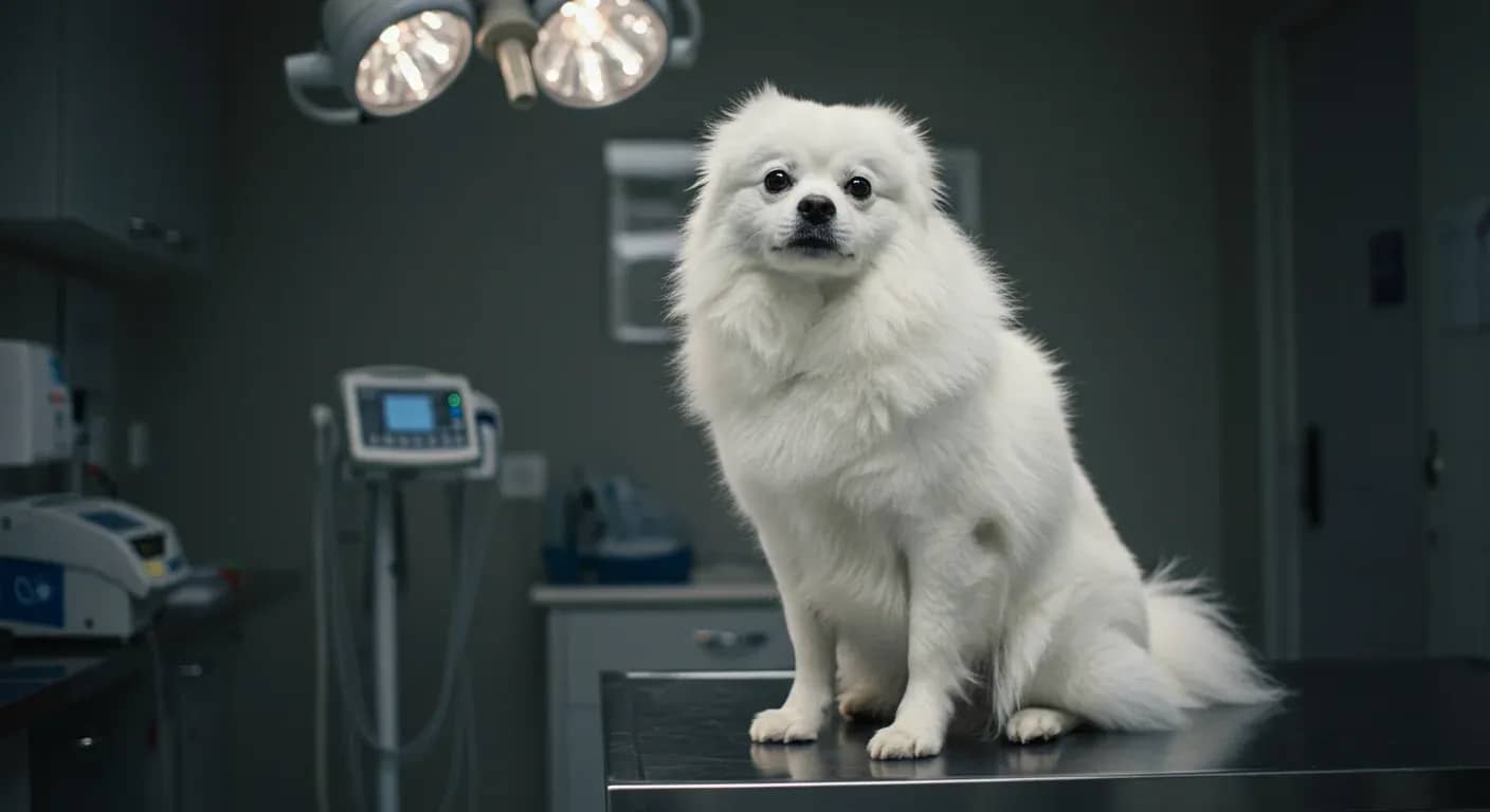 A beautiful white Japanese Spitz dog sitting on a veterinary examination table, representing the article's focus on health care and prevention for this breed