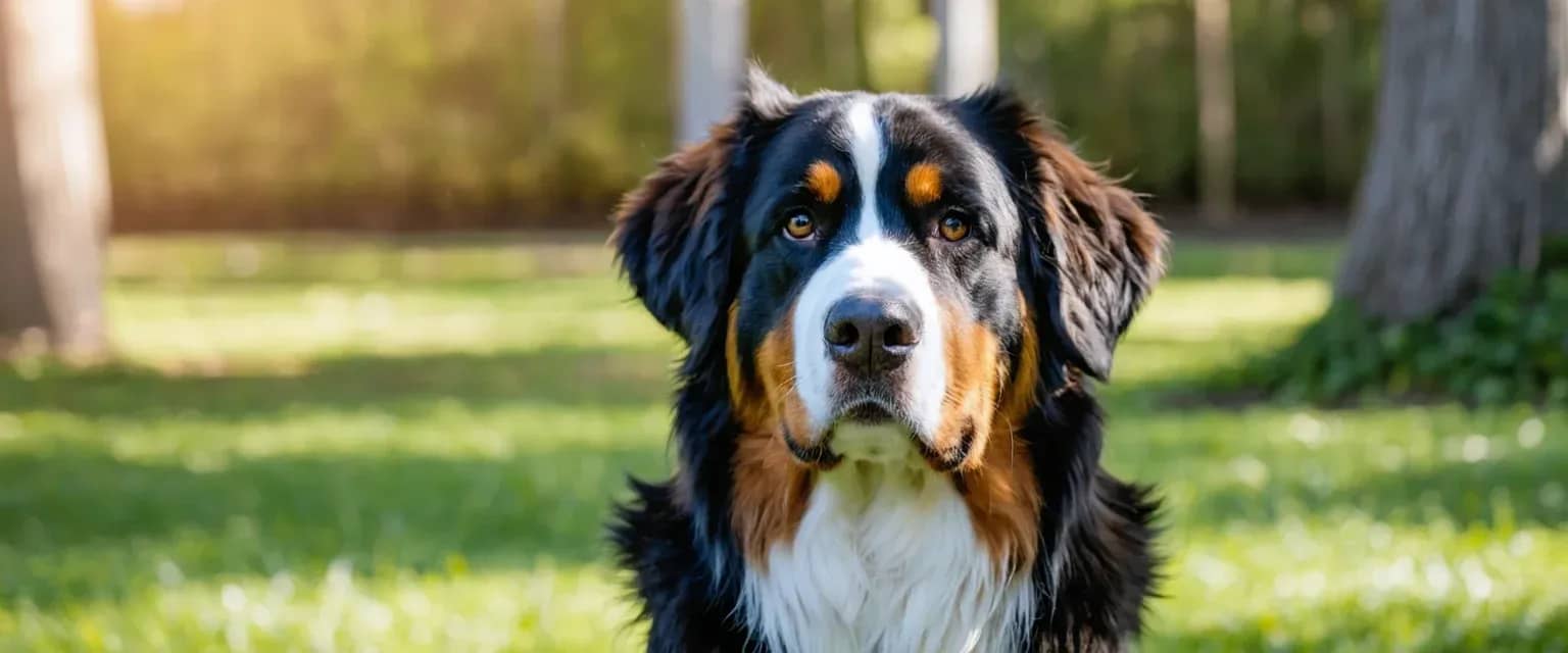 A mature Bernese Mountain Dog with gentle eyes sits centered in the frame, representing the breed's loving nature despite their shorter lifespan challenges