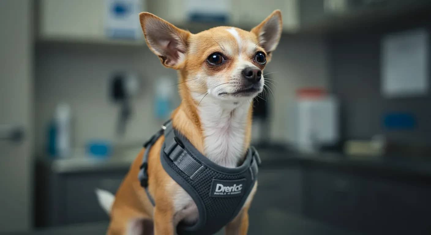 A healthy Chihuahua wearing a proper chest harness, demonstrating the key management tool for tracheal collapse discussed in the article