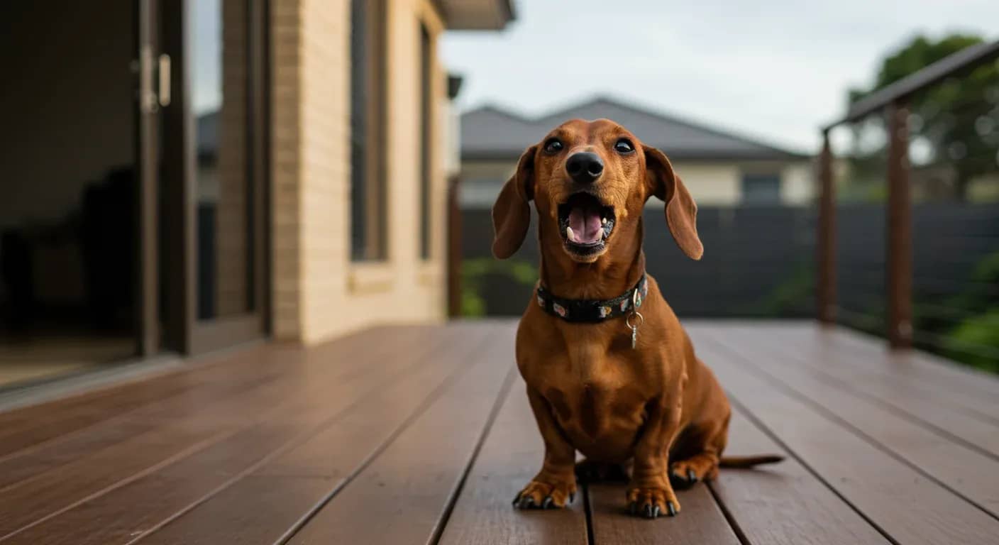 A red Dachshund barking while sitting on a wooden deck, demonstrating the breed's vocal nature discussed in the article about managing excessive barking behavior