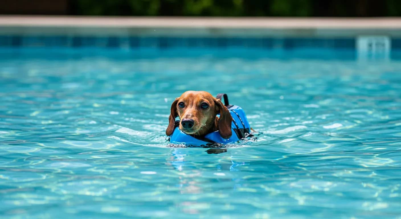 A Dachshund wearing a life jacket swimming in a pool, demonstrating safe swimming practices for the breed
