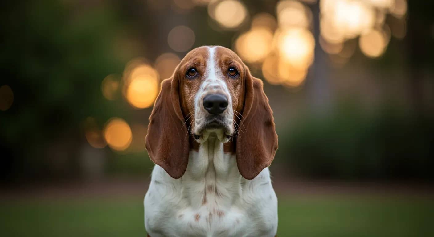 A calm Basset Hound sitting peacefully with a quiet, content expression, demonstrating the goal of bark training in a serene outdoor setting