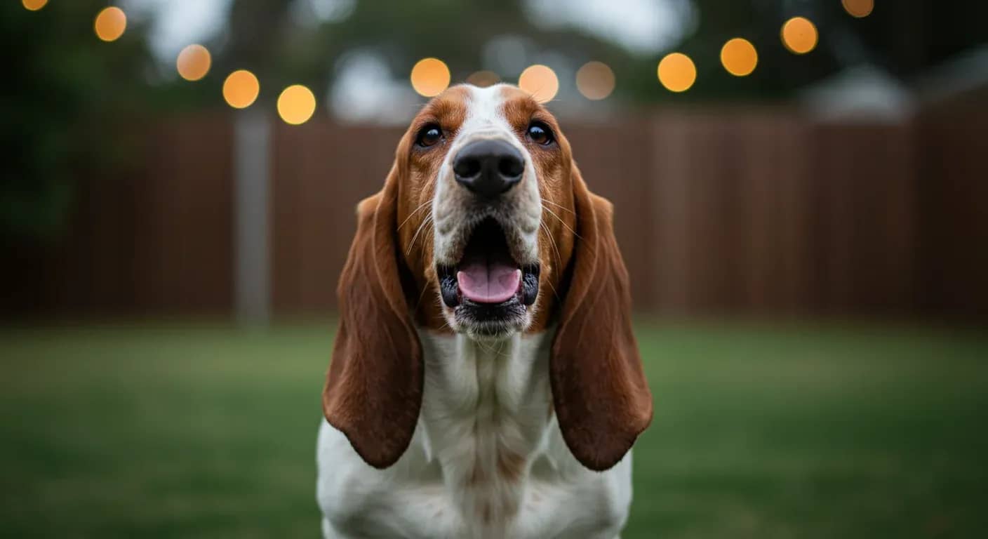 A Basset Hound captured mid-bark in a centered portrait, demonstrating the vocal behavior discussed in the article about understanding and managing Basset Hound barking