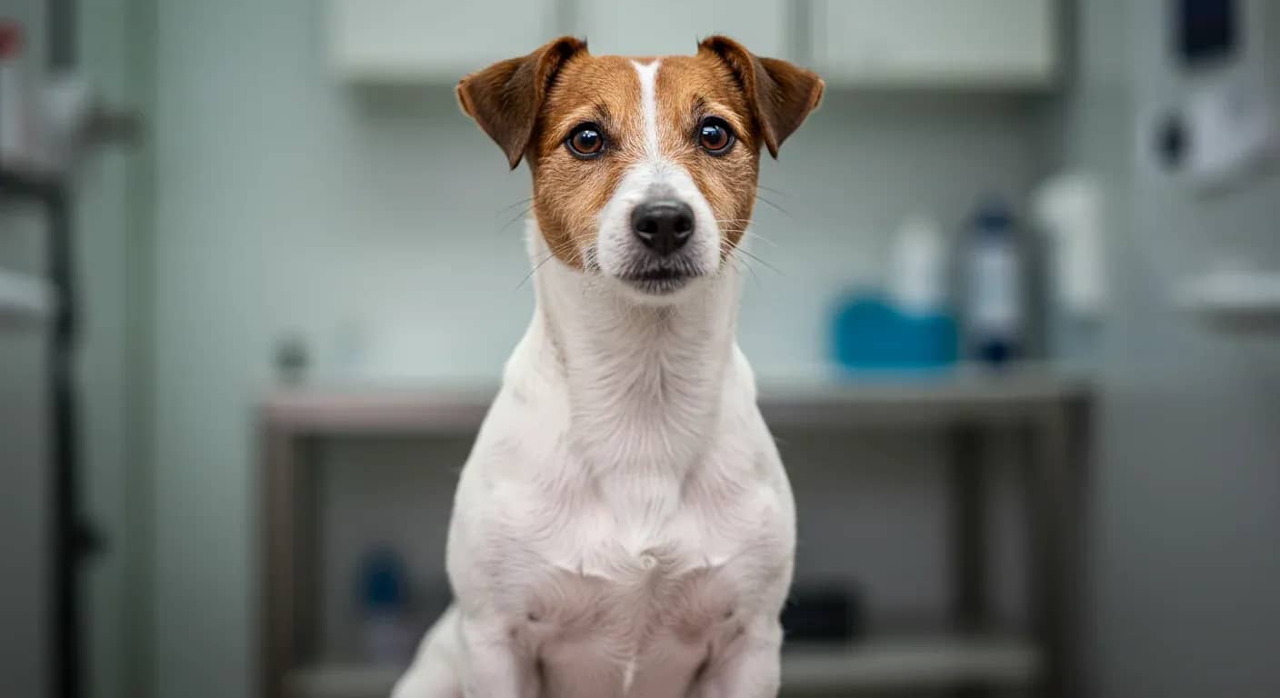 Alert Jack Russell Terrier sitting centered in frame at veterinary clinic, representing proactive health management and breed-specific care