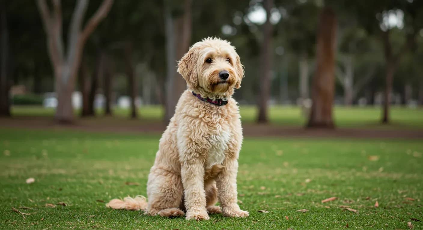 A calm Goldendoodle with curly cream coat sitting peacefully in an Australian park setting, representing the breed's typically gentle nature despite potential aggression issues discussed in the article