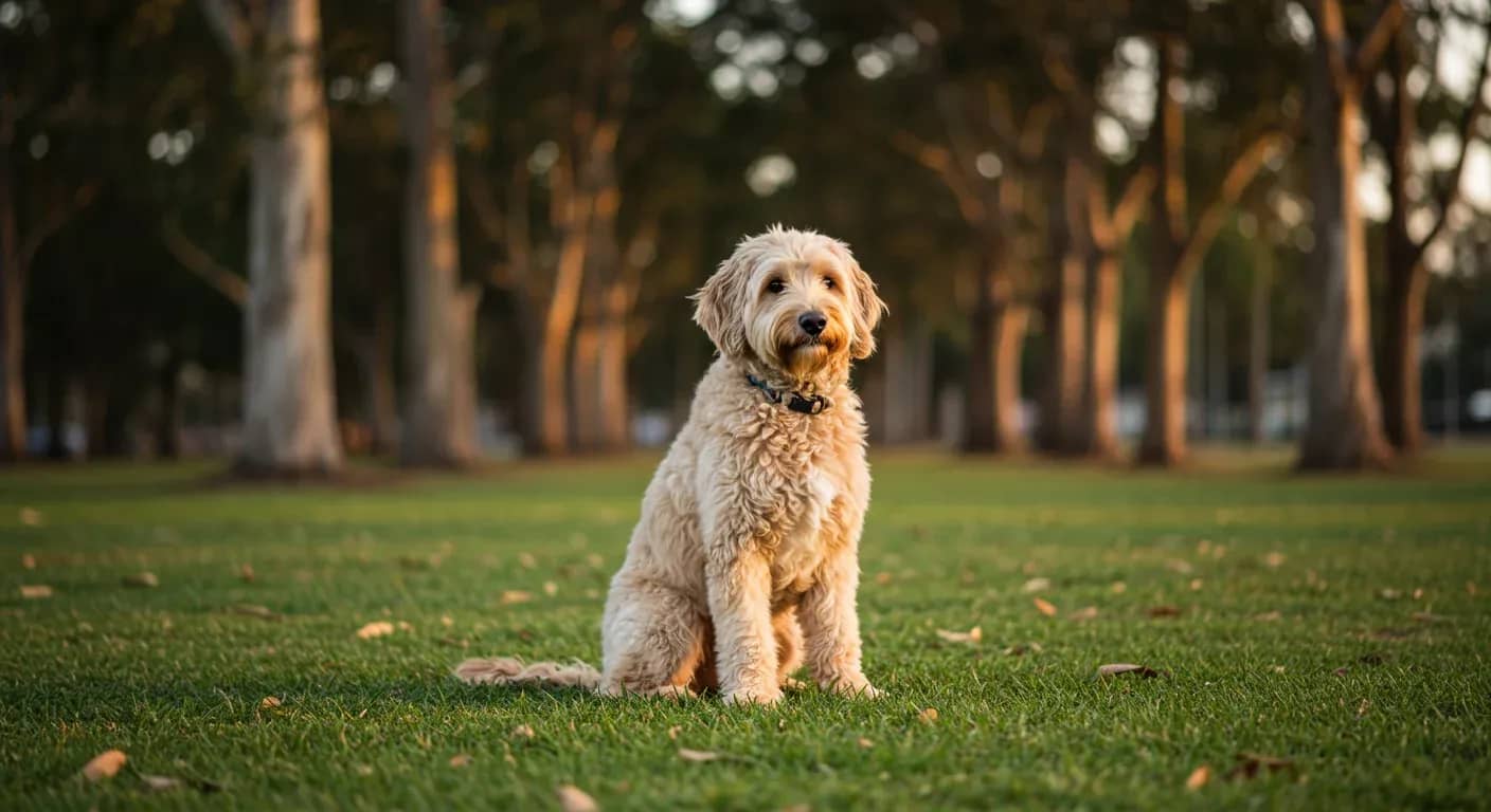 A cream-colored Goldendoodle sitting centered on grass in an Australian park, representing the breed's intelligence and resilience in managing health conditions like hip dysplasia