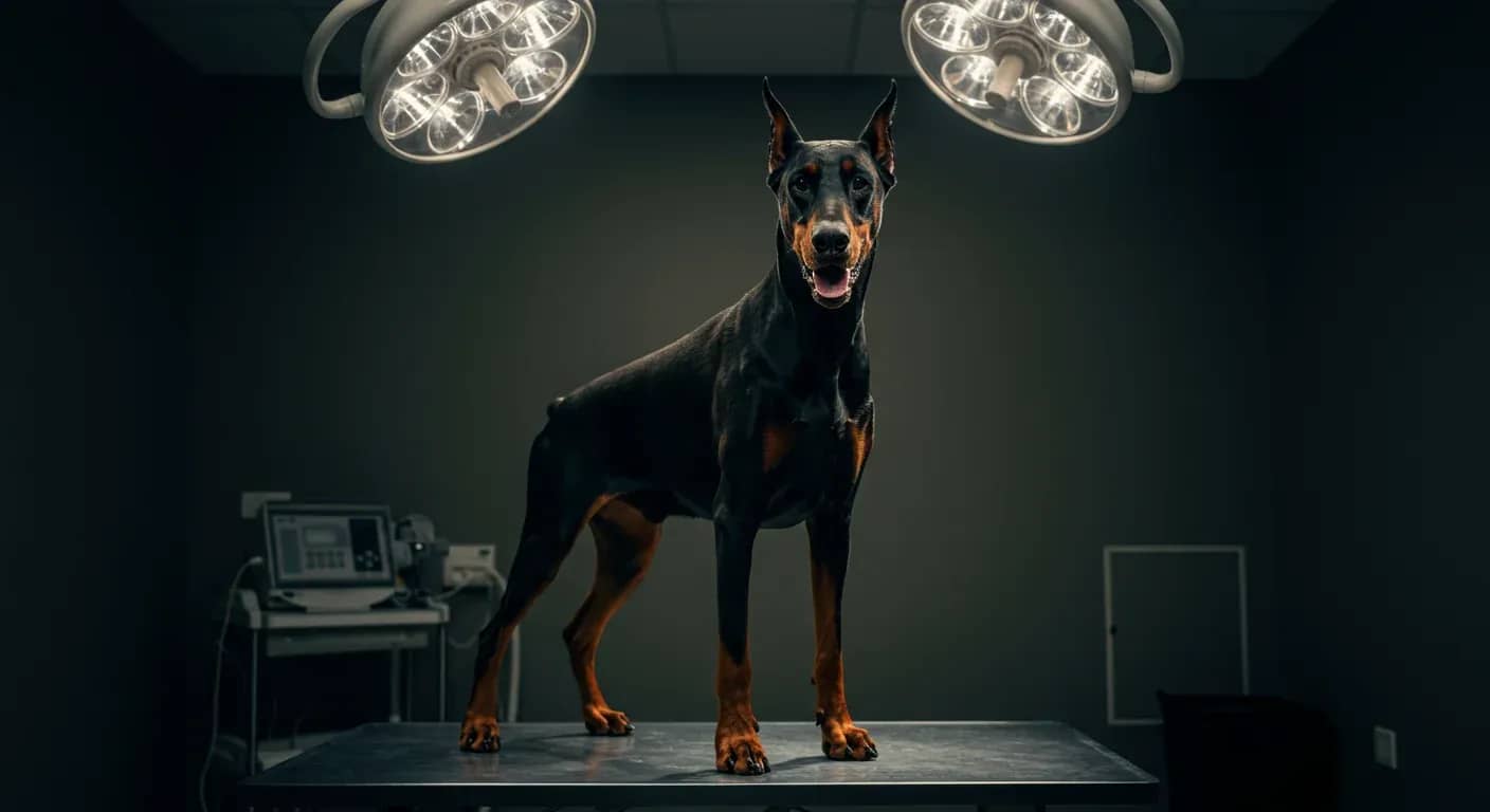 Professional portrait of a healthy Doberman Pinscher on a veterinary examination table, representing the importance of regular health monitoring and preventive care for the breed