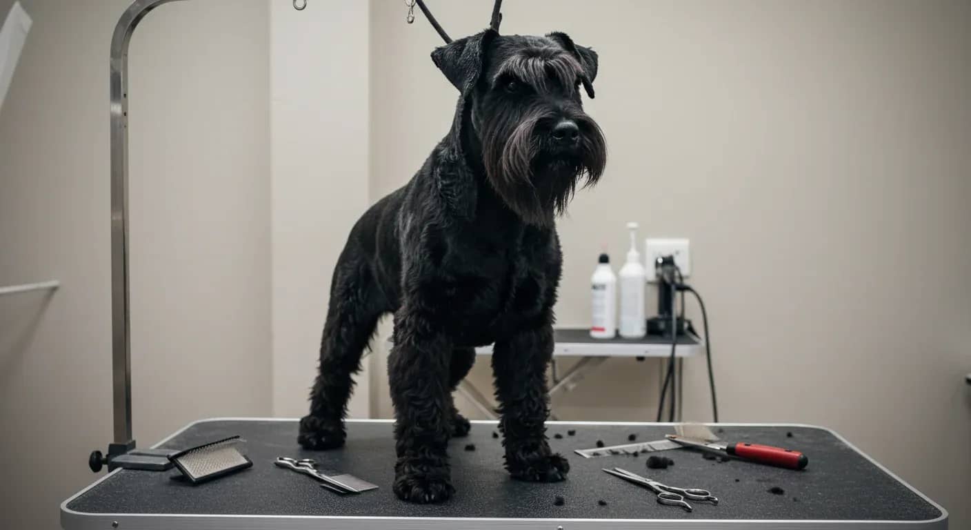 A Giant Schnauzer centered on a grooming table surrounded by professional grooming tools, showcasing the breed's distinctive coat and facial features that require specialized grooming techniques
