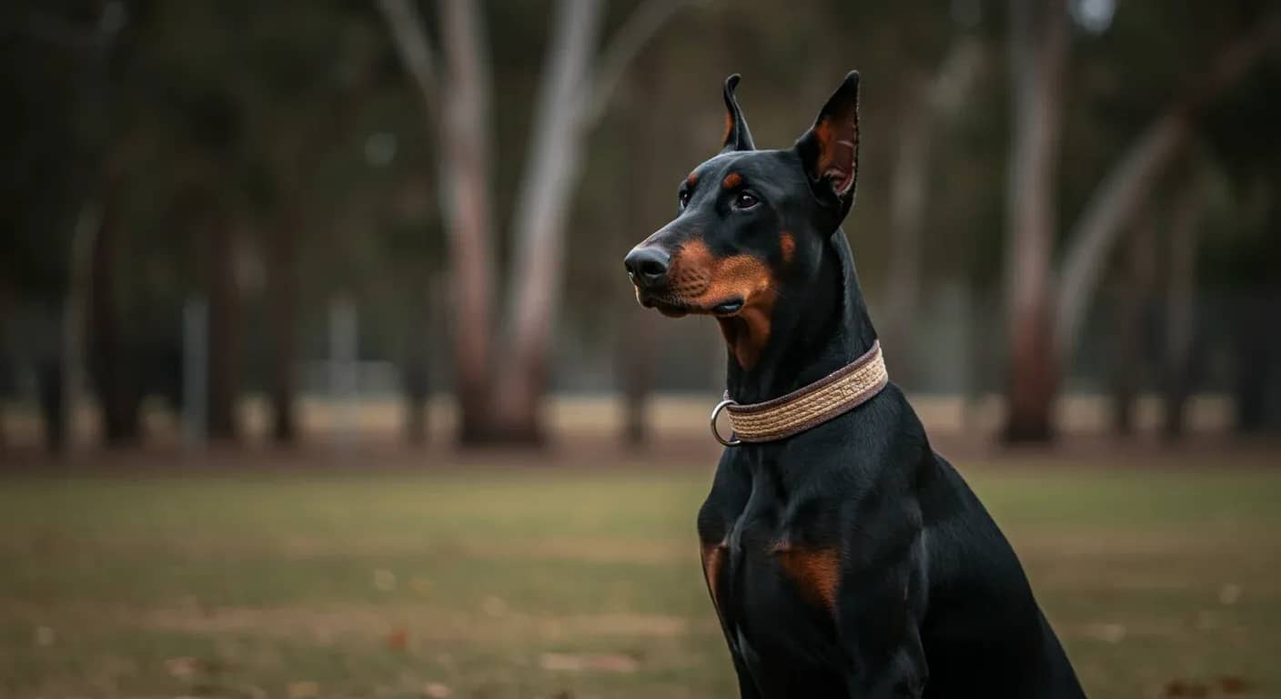 Alert black and tan Doberman sitting attentively in training position, demonstrating the breed's intelligence and focus essential for effective training
