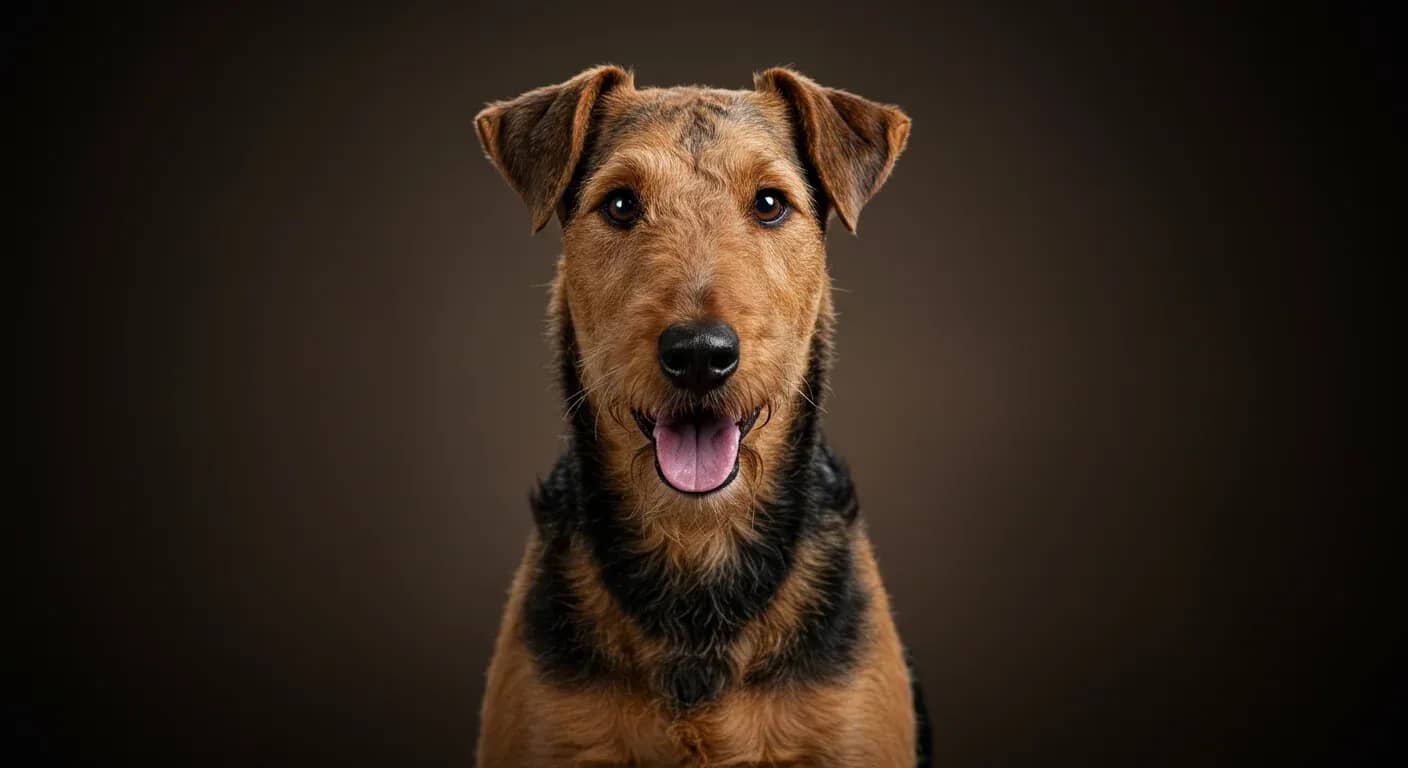 Professional portrait of a well-groomed Airedale Terrier showcasing the breed's distinctive wiry coat and alert expression, representing proper grooming care